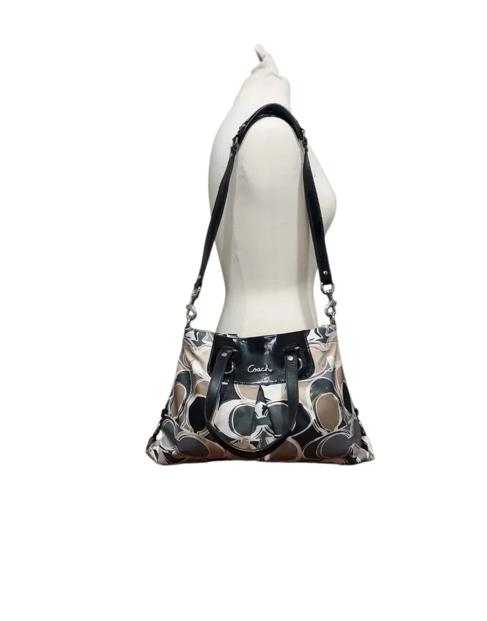Coach Ashley Scarf Print Signature Sateen & Black  Leather Satchel No. F17644